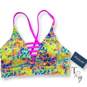 Peachy Athletic NWT Seventh Heaven Sports Bra Yellow Abstract Tropical Print S